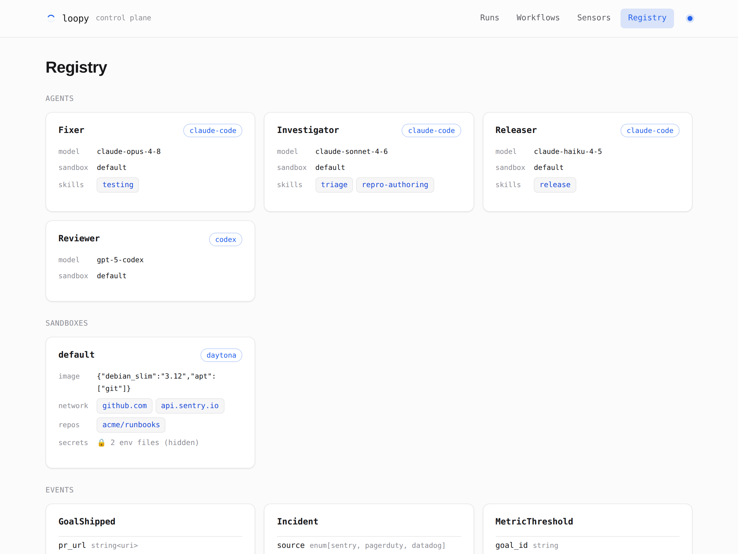 The Registry view: agents, sandboxes, event contracts, and limits, with sandbox secrets shown only as a redacted count.