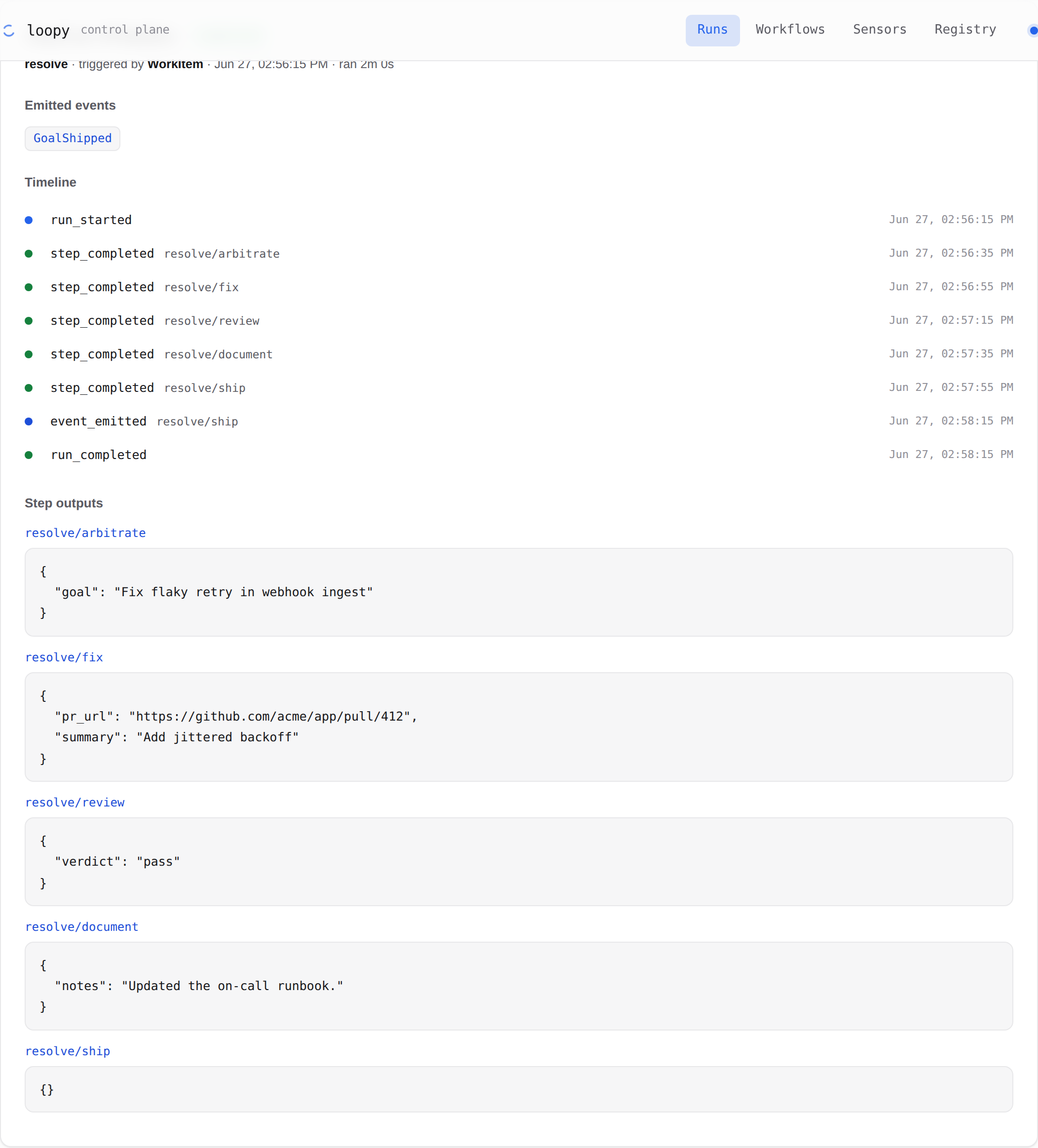 A single run's detail: emitted events, a step-by-step timeline with timestamps, and the validated JSON output of each step.